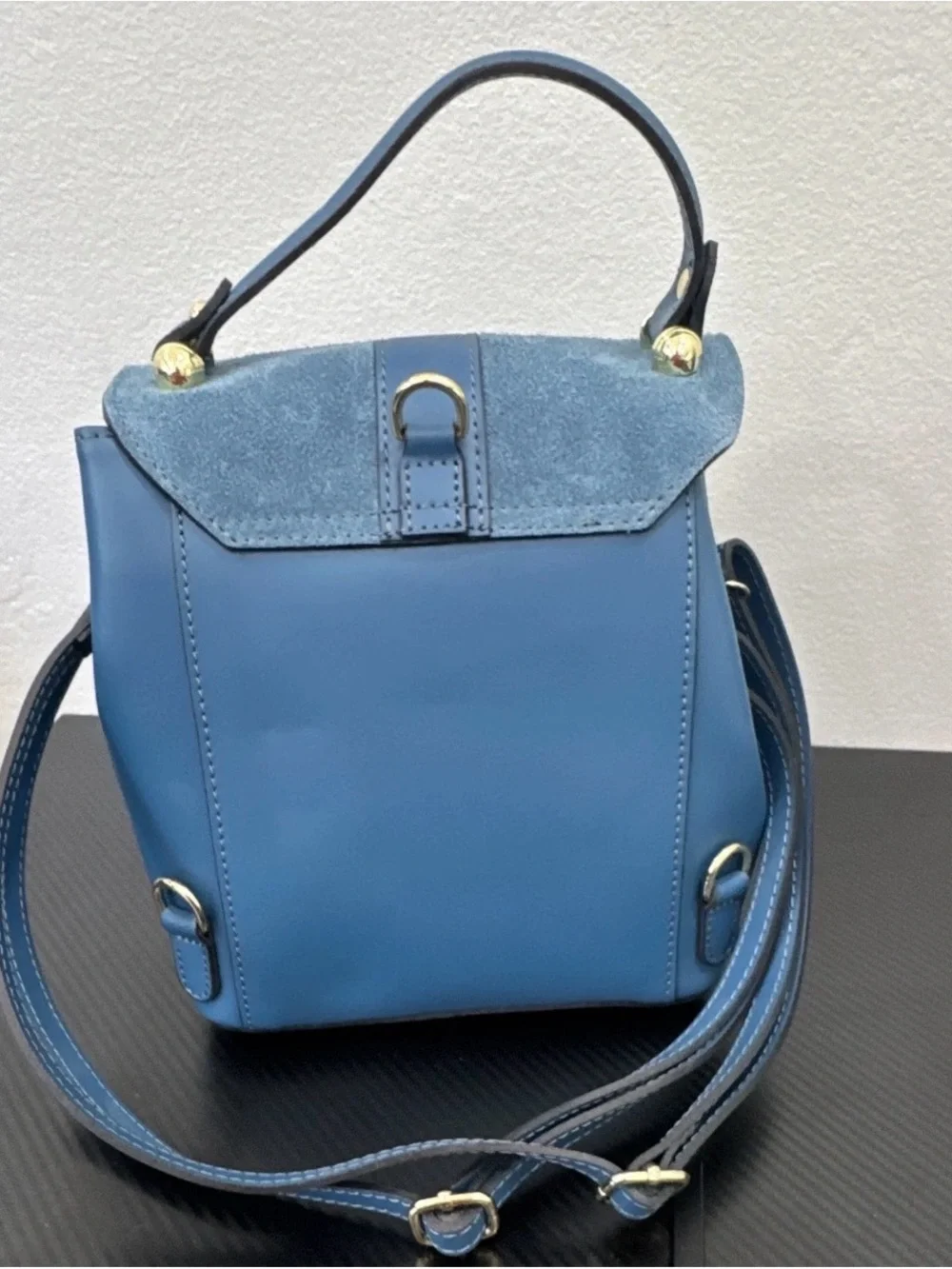Viola Castellani blue small satchel top handle bag detachable straps